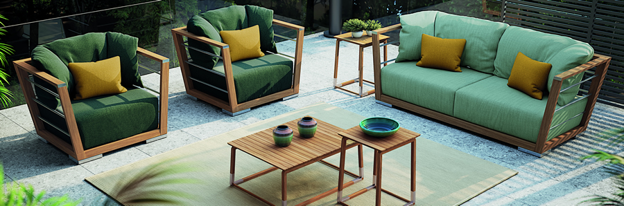 Fauteuils et canapé bois et tissus